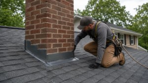 Roofing contractor inspecting chimney flashing on a Central Ohio home