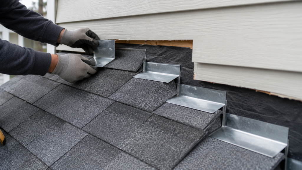 Individual step-flashing pieces layered with shingles at a roof-to-wall connection