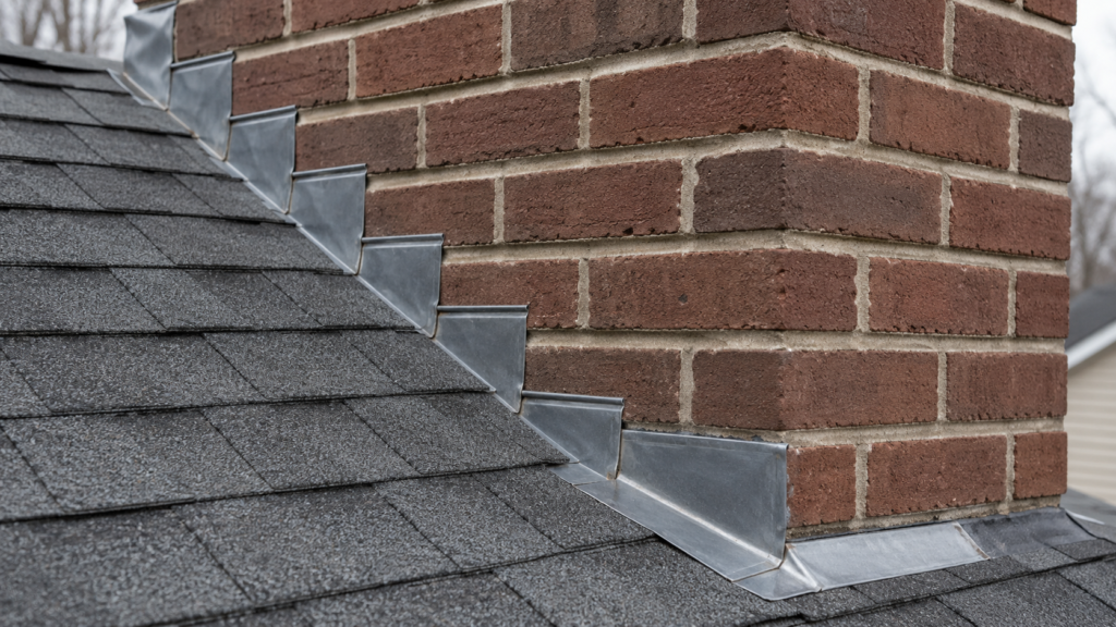 Step flashing and counterflashing installed along a brick chimney