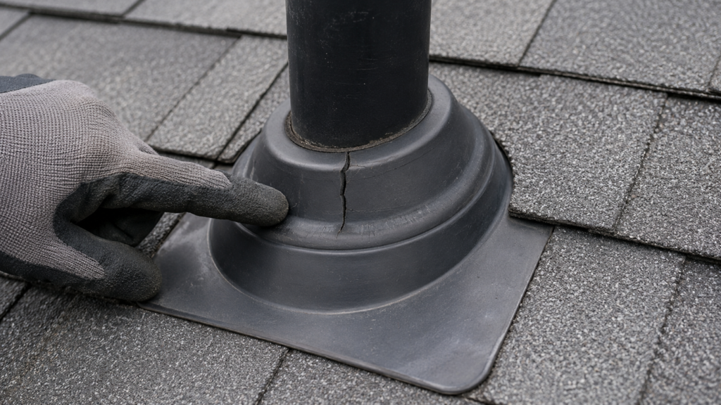 Cracked rubber pipe-boot collar on an asphalt-shingle roof