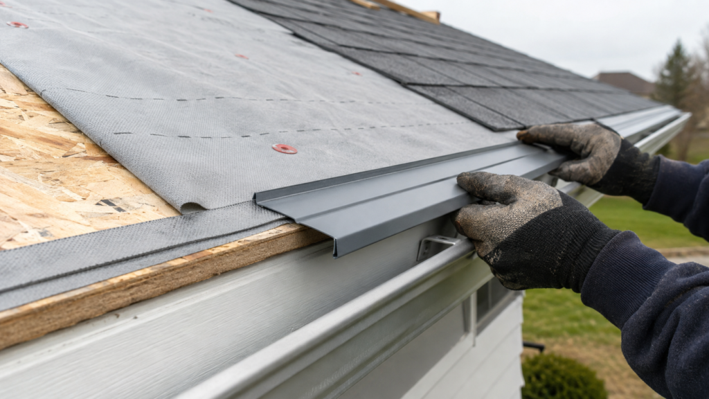 Roofer installing drip edge above the fascia and gutter at a roof eave