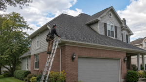 Roofing professional evaluating an asphalt-shingle roof on a Central Ohio home