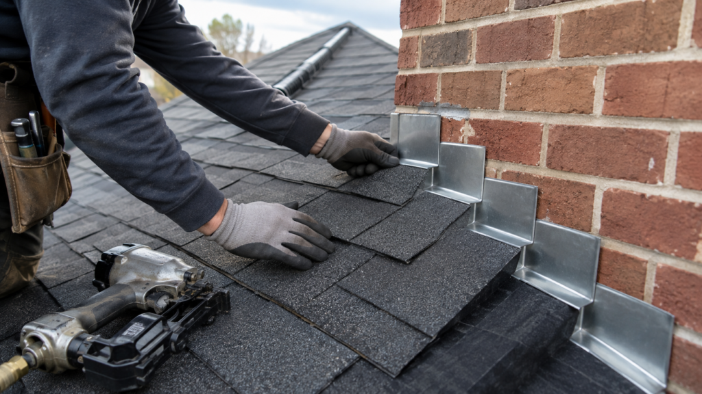 Roofer installing asphalt shingles and step flashing beside a brick wall