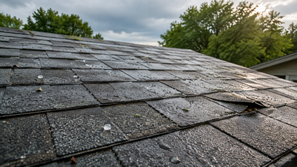 Wet asphalt-shingle roof with hail and localized wind damage after an Ohio storm