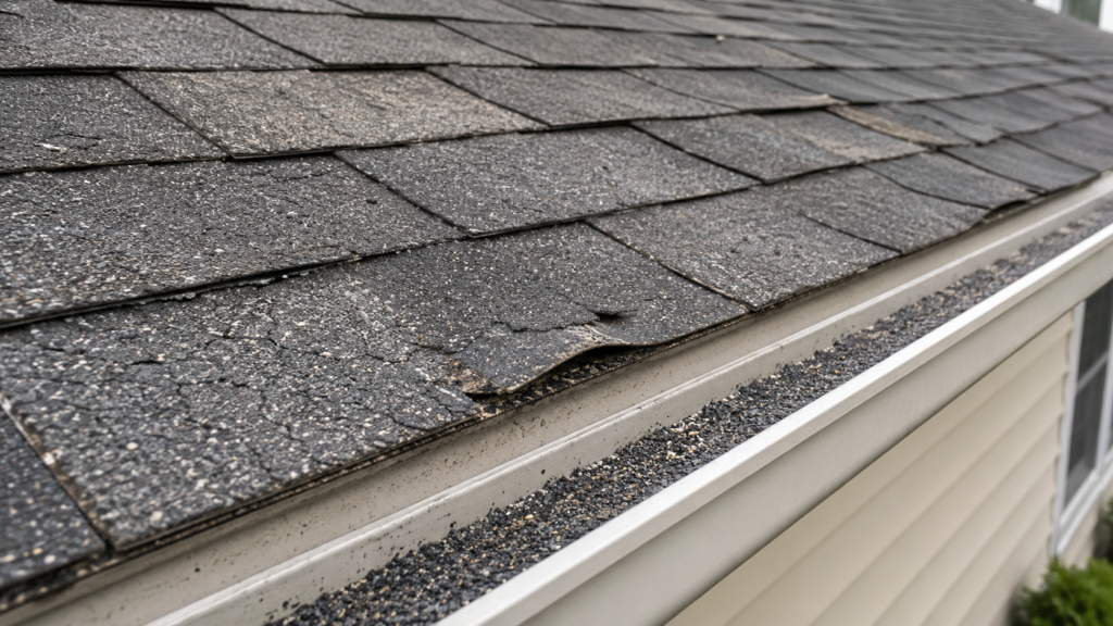 Aging asphalt shingles with curling, granule loss, and granules collecting in a gutter