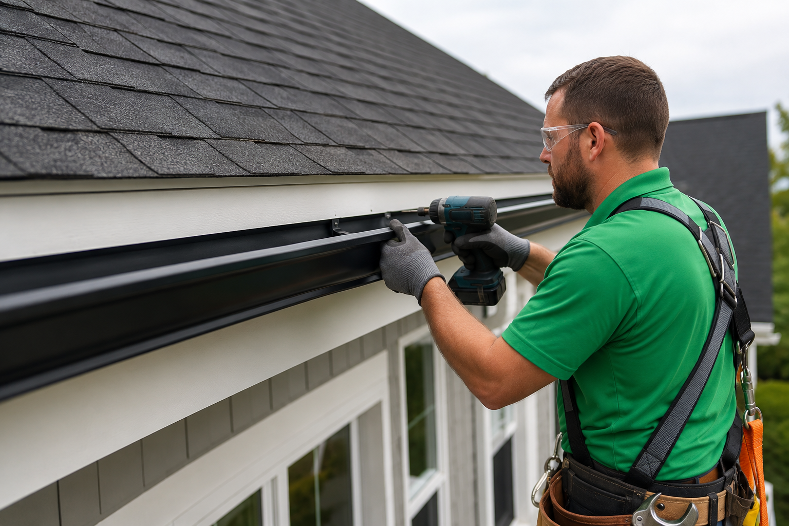 Technician installing a seamless black K-style gutter with hidden hangers