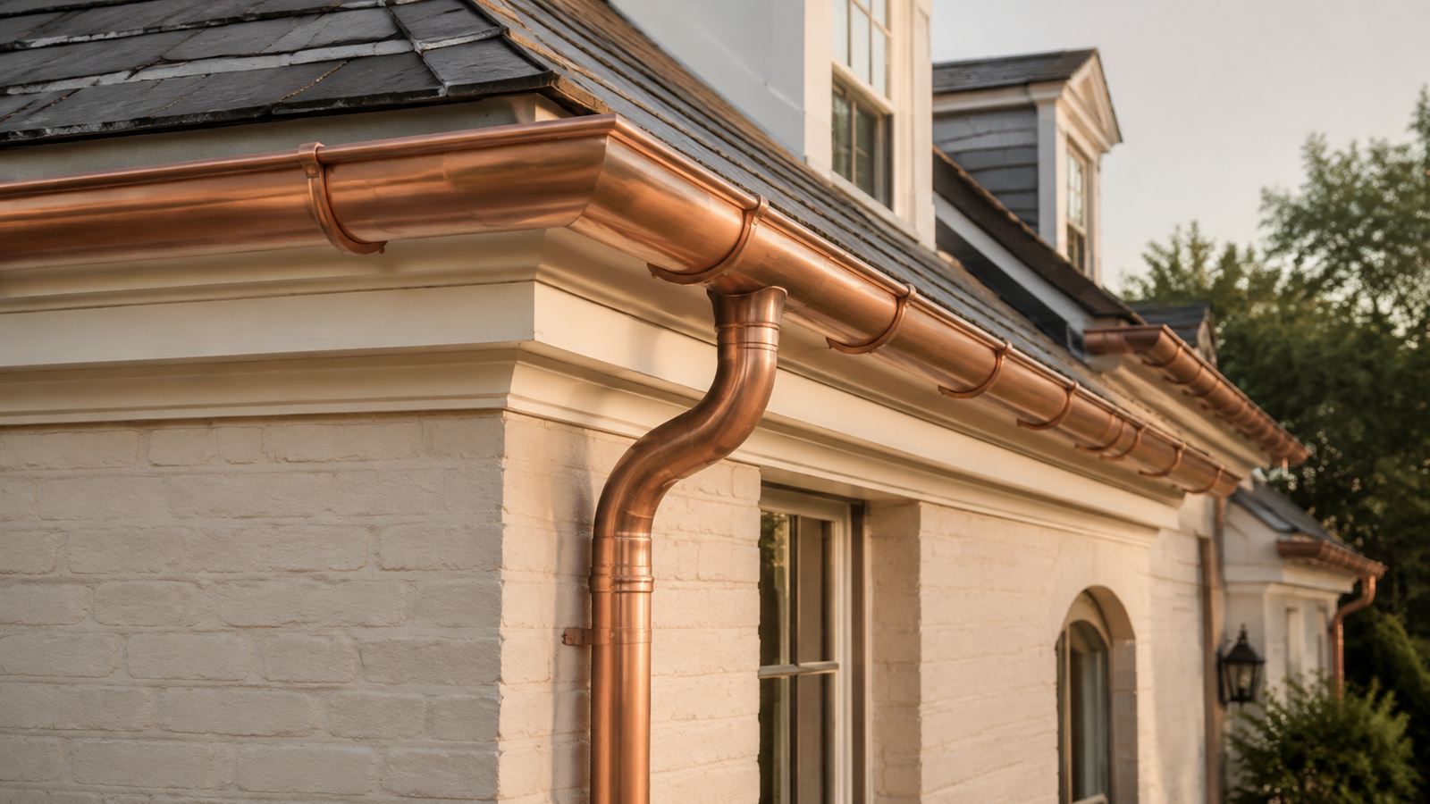 Copper half-round gutter and round copper downspout on an architectural home