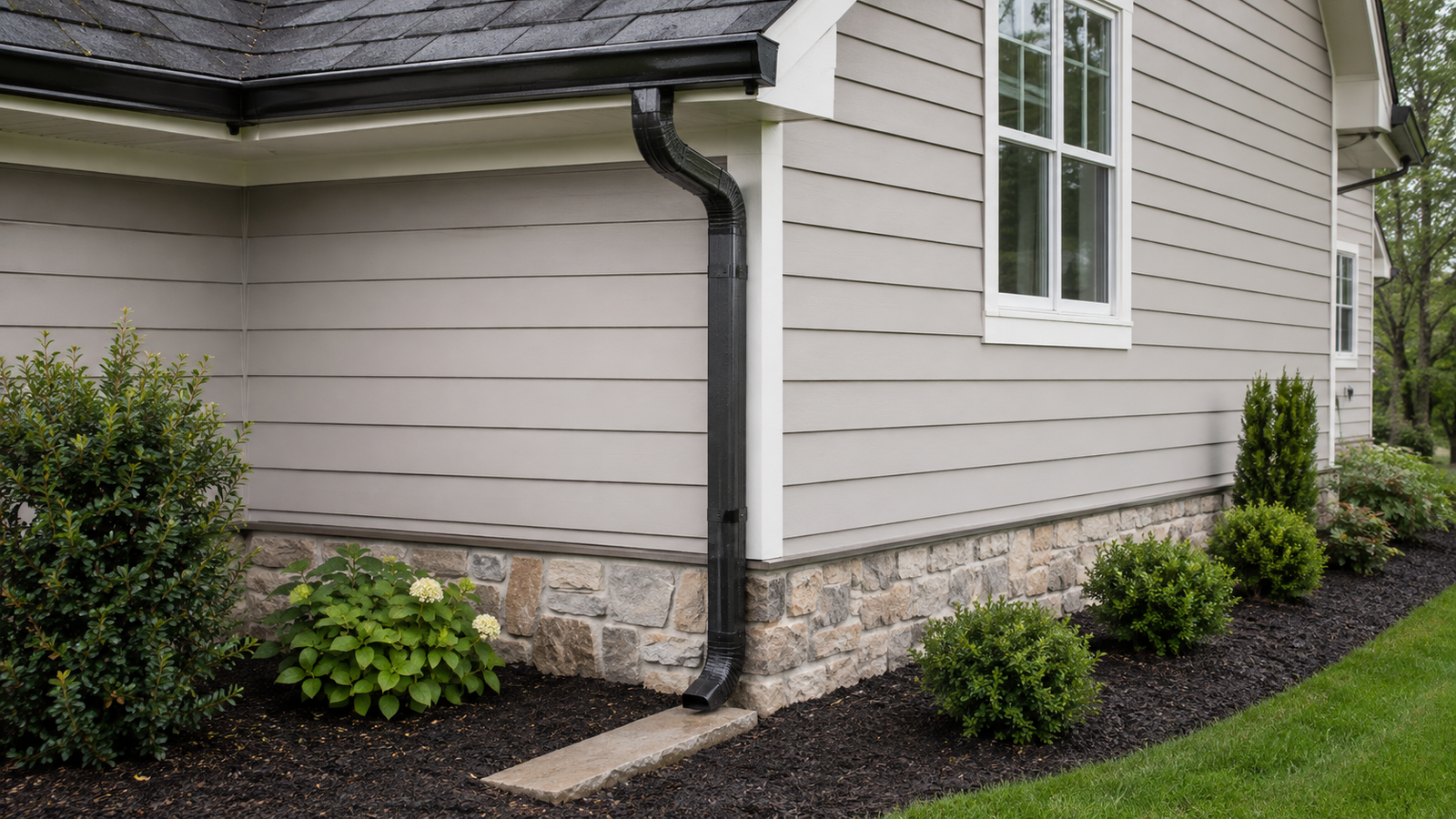 Black gutter and downspout discharging onto a stone splash block away from the home