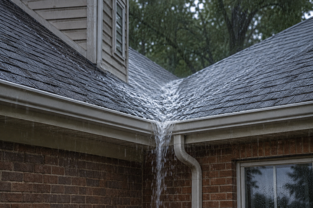 Heavy rain concentrating roof runoff at a valley and residential gutter