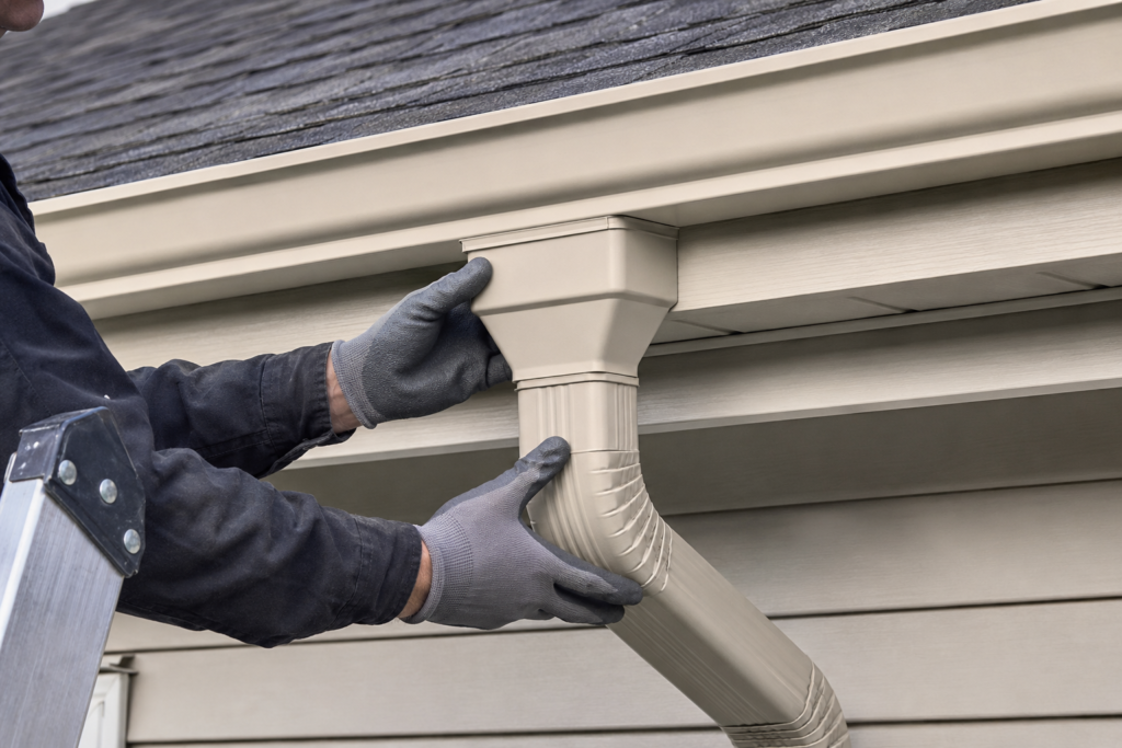 Large rectangular downspout connected to a seamless residential gutter