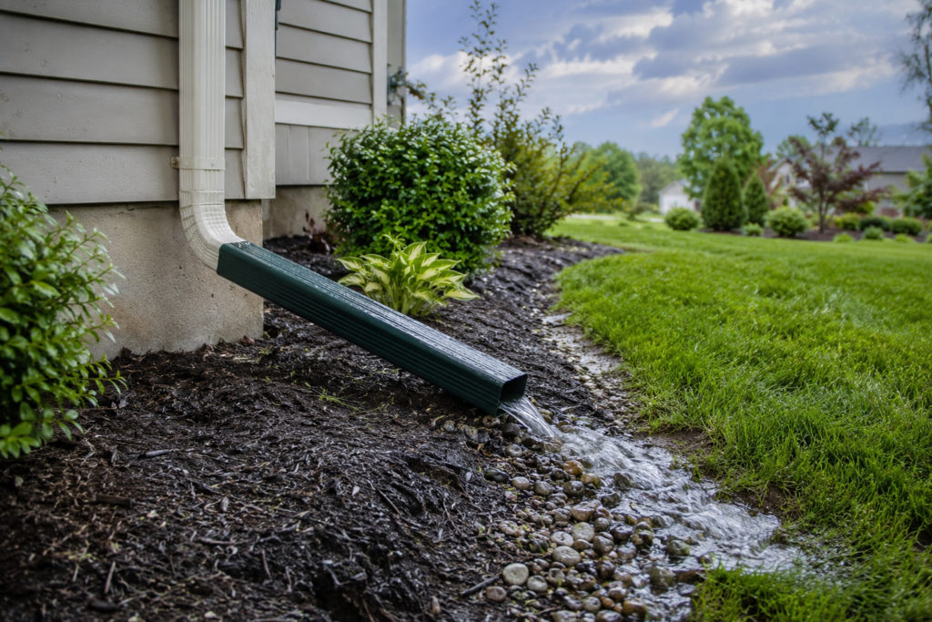Downspout extension directing rainwater away from a home’s foundation