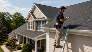 Roofing professional performing a residential roof inspection in Central Ohio
