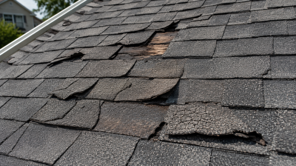 Cracked, lifted, and missing asphalt shingles exposing the roof underneath