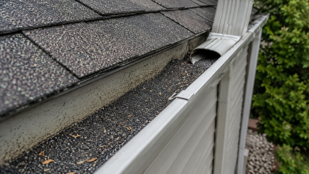 Asphalt shingle granules collecting inside a residential gutter