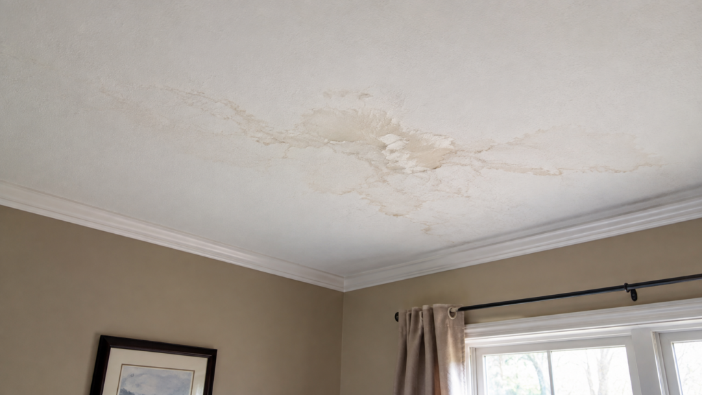 Water stain on a ceiling caused by possible roof moisture intrusion