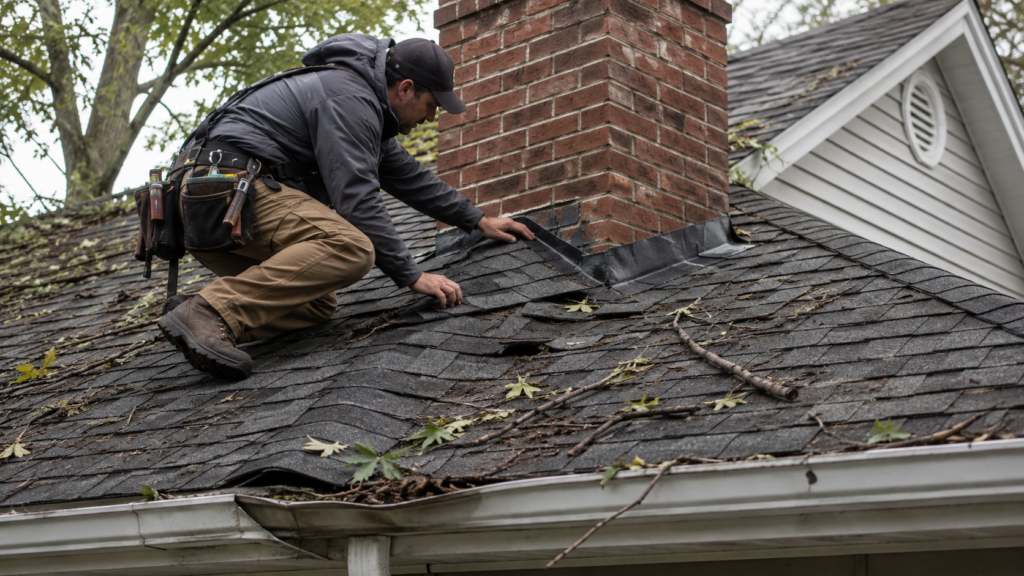 Roofing professional inspecting shingles and flashing around a brick chimney