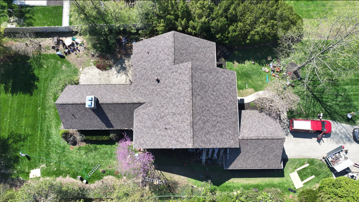 Completed roof replacement viewed from above
