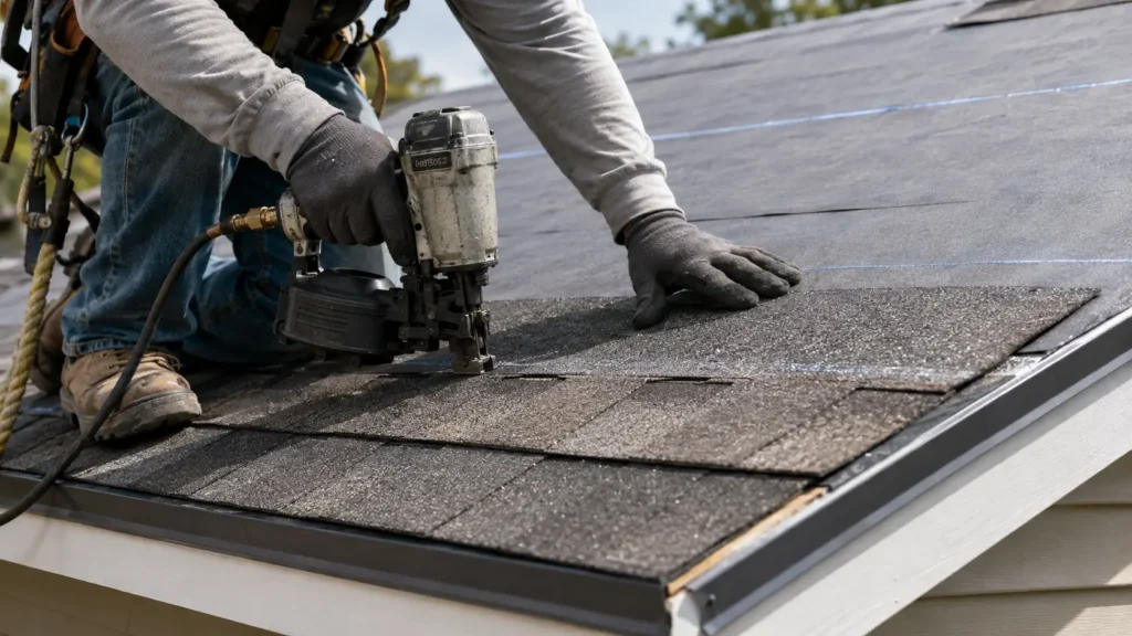Roofing contractor installing dimensional asphalt shingles at the proper nailing zone
