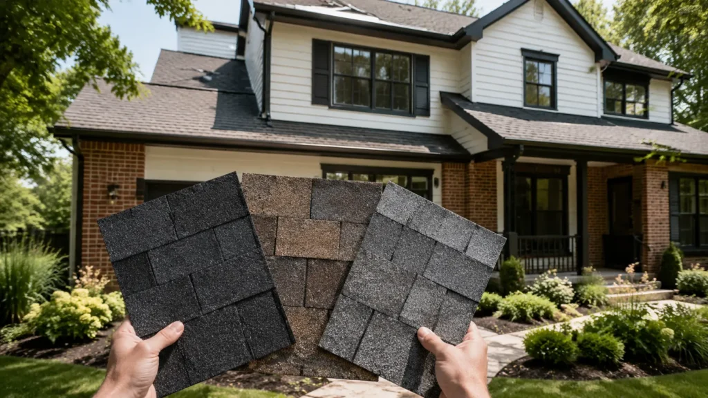 Homeowner comparing charcoal, weathered wood and slate-gray shingle colors on a Central Ohio home