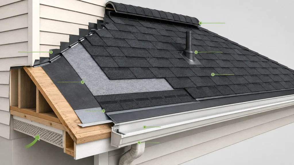 Cutaway of a complete asphalt roof system with underlayment, flashing, ventilation and gutters