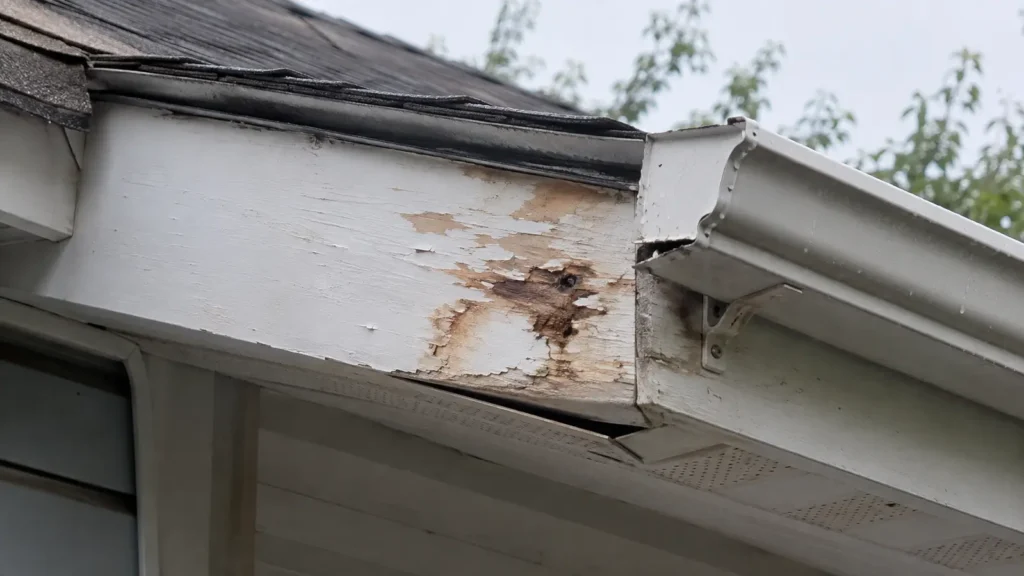Peeling and water-damaged fascia with a loose gutter and separated soffit panel