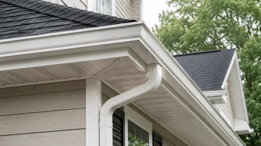 White soffit, fascia, gutters and asphalt-shingle roof edge on a Central Ohio home