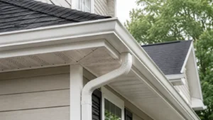 White soffit, fascia, gutters and asphalt-shingle roof edge on a Central Ohio home