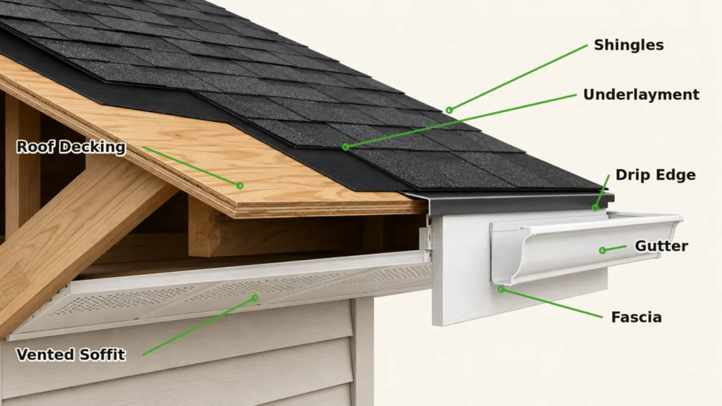 Labeled roof-edge diagram showing shingles, underlayment, roof decking, drip edge, fascia, vented soffit and gutter