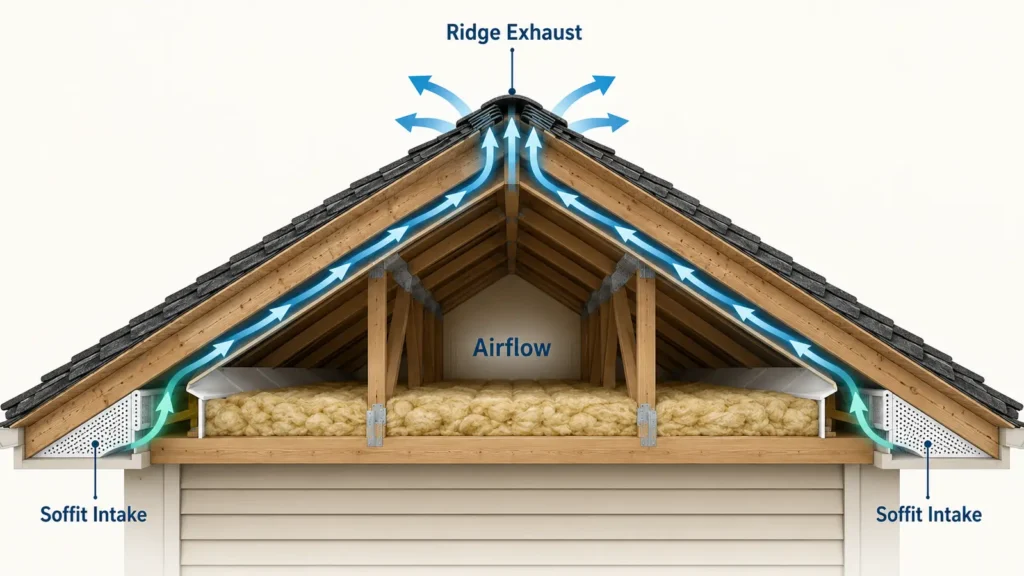 Attic ventilation diagram showing air entering through soffit intake vents and exiting through the ridge vent