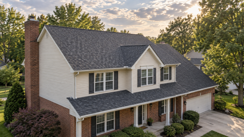 Charcoal asphalt-shingle roof on a brick and siding home