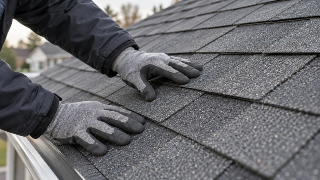 Gloved hands evaluating architectural asphalt shingles near a roof edge