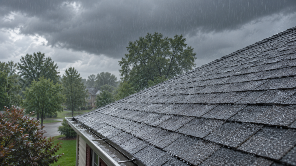 Rain falling on an asphalt-shingle roof and gutter beneath storm clouds