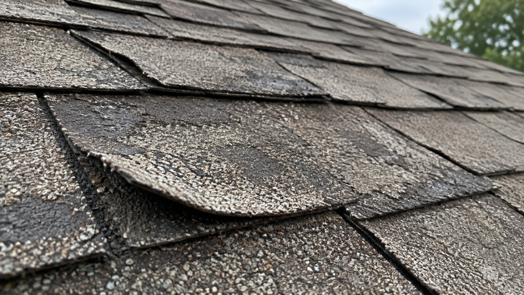 Aging asphalt shingles with curled edges and worn surface granules