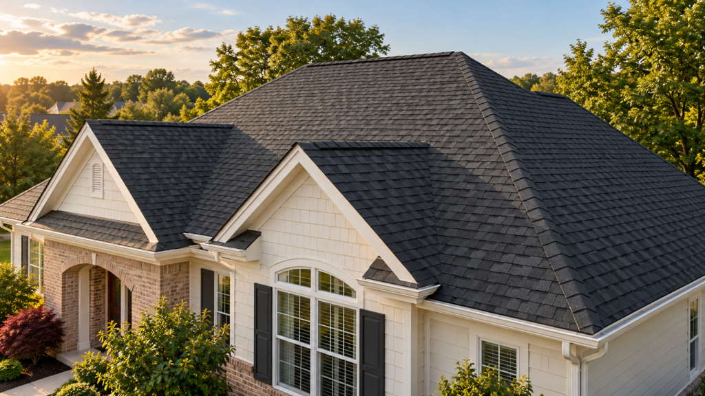 Charcoal architectural shingle roof on a brick and cream-sided home in warm afternoon light.